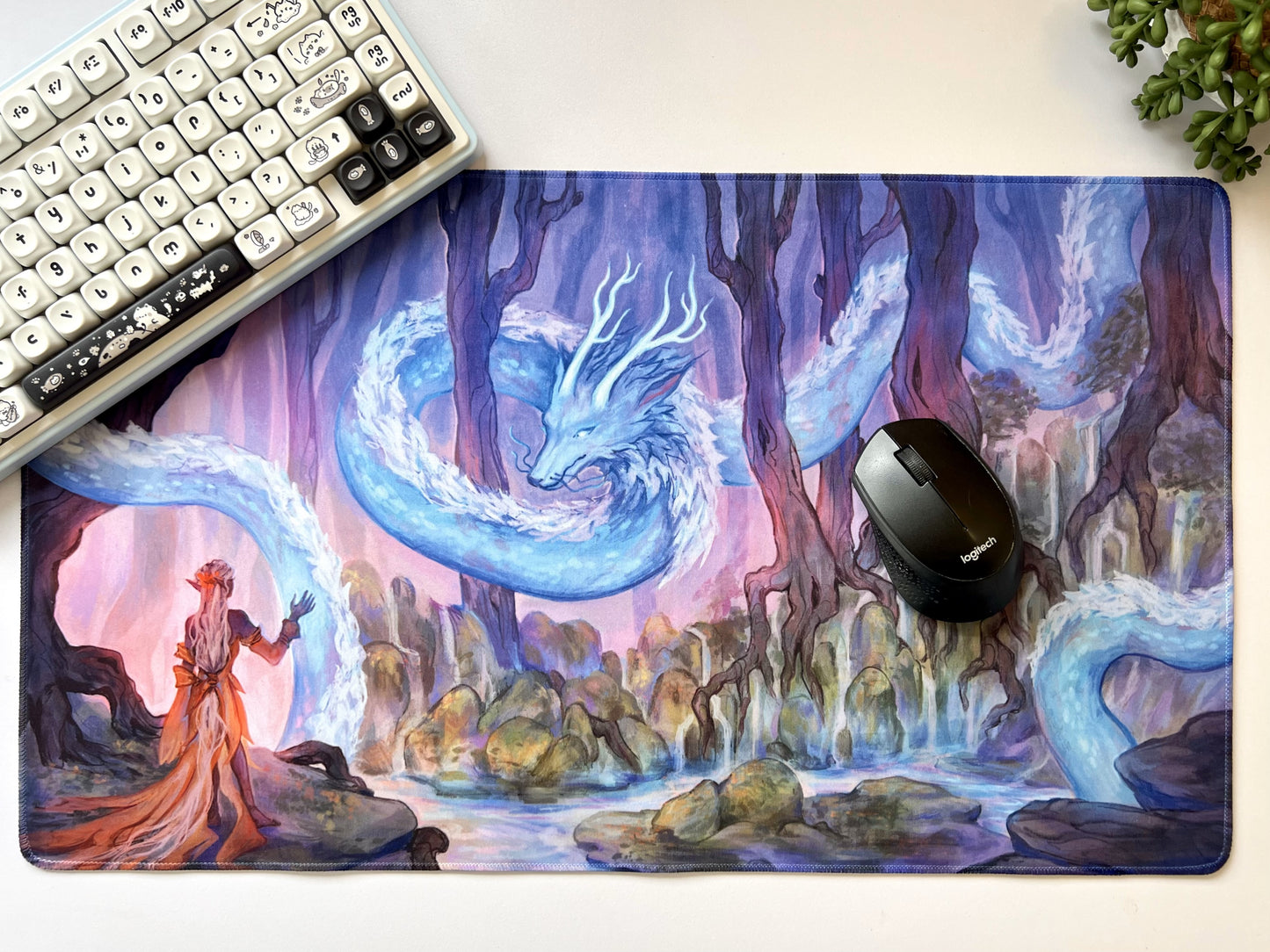 A female elf dressed in pale orange receives her magic from her clan's guardian dragon, a long silver serpent with horns that weaves through the trees.