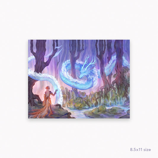 An elf girl in a forest of giant trees reaches out her hand toward a floating blue spirit dragon.