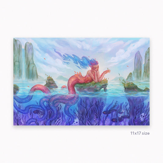 A painting of a beautiful mermaid with pink scales and blue flowing hair.