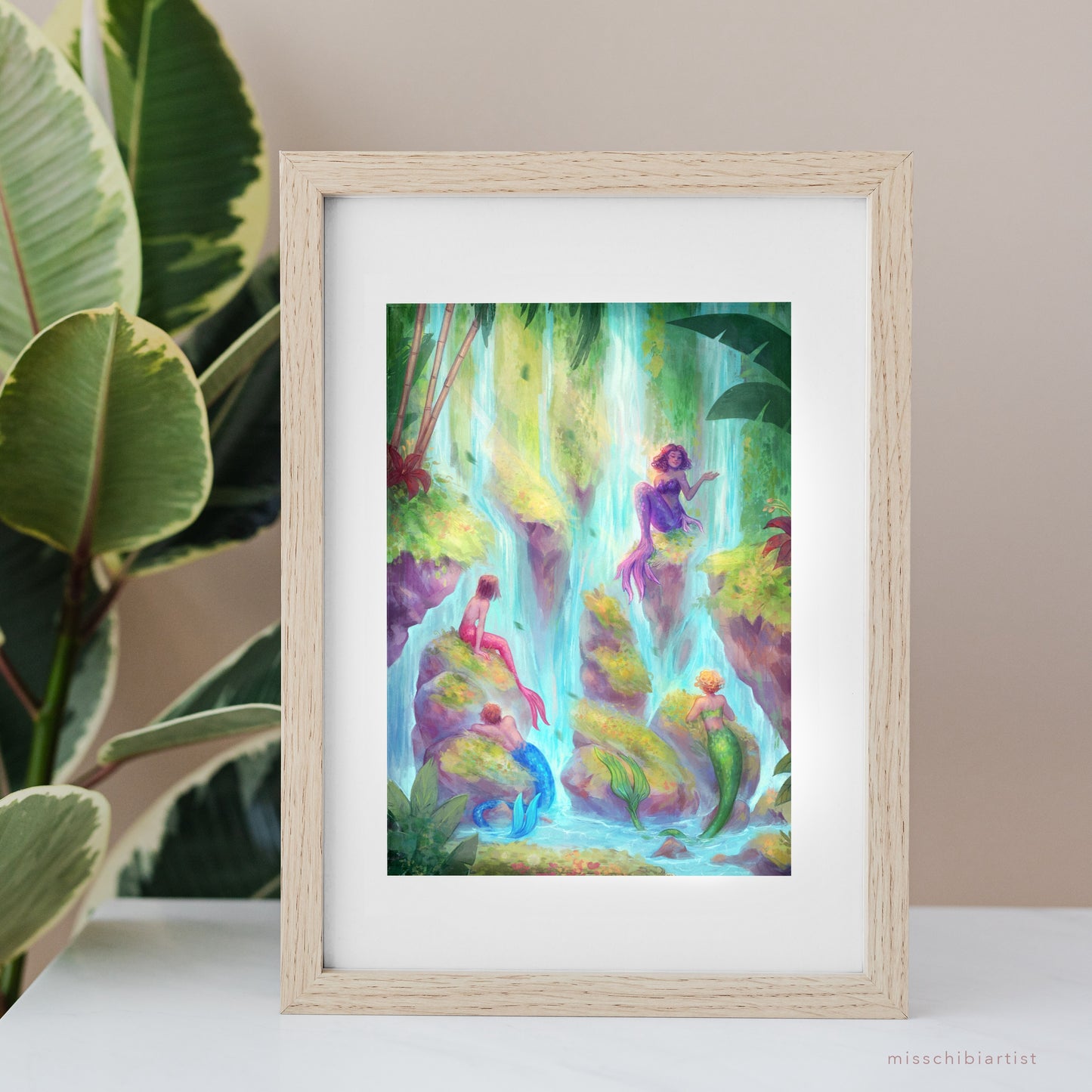 Waterfall Pool Mermaids Illustration - Art Print