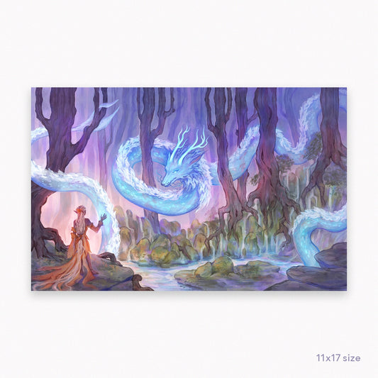 An elf girl in a forest of giant trees reaches out her hand toward a floating blue spirit dragon.