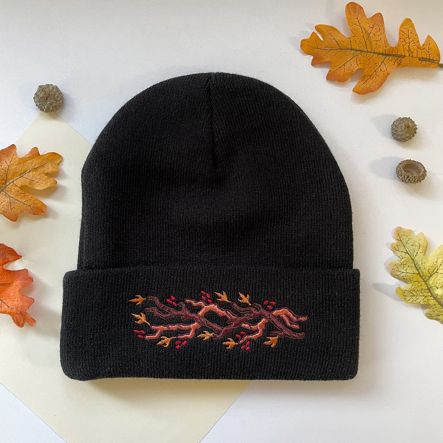Embroidered Autumn Branch Beanie