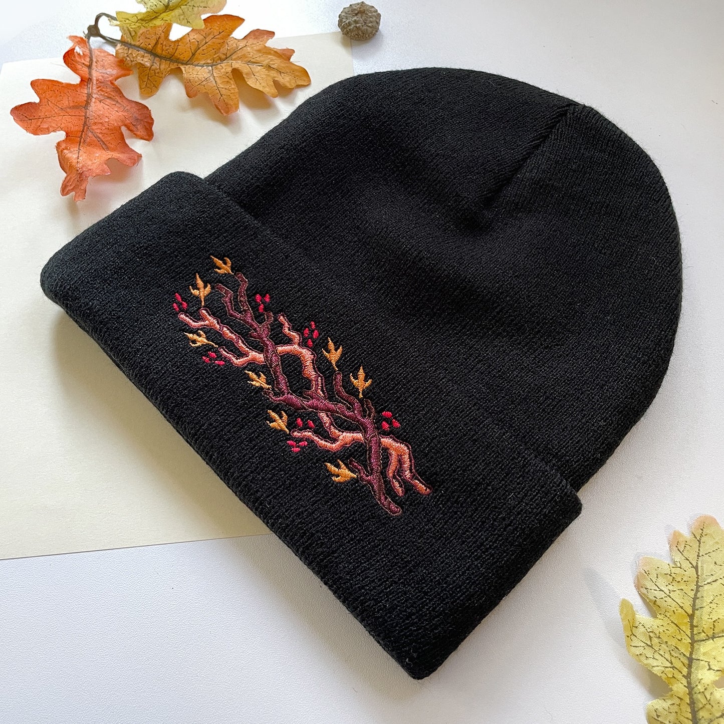 Embroidered Autumn Branch Beanie