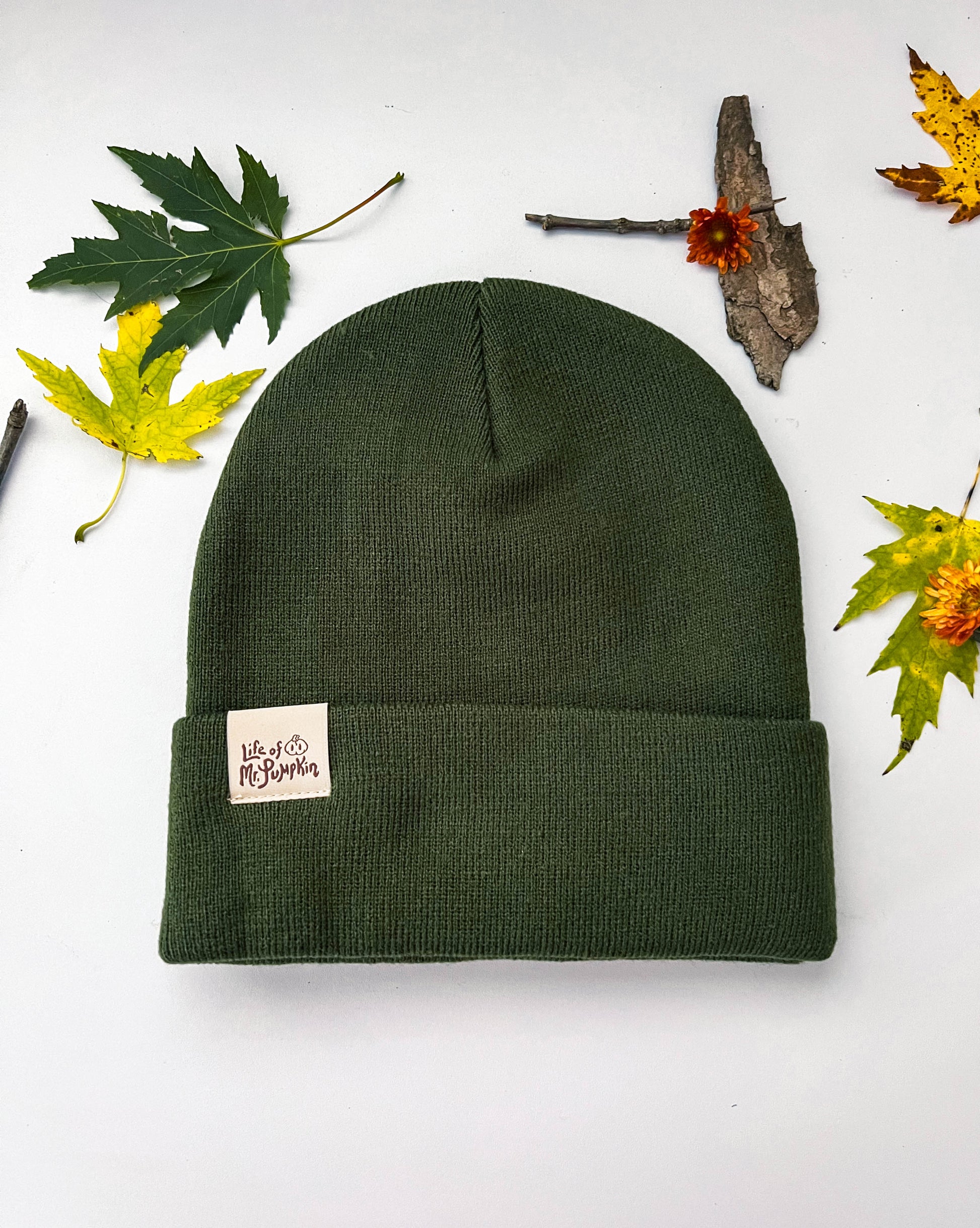 The back of the forest green fox beanie has a cream tag that says, "Life of Mr. Pumpkin." Leaves are scattered around the beanie.