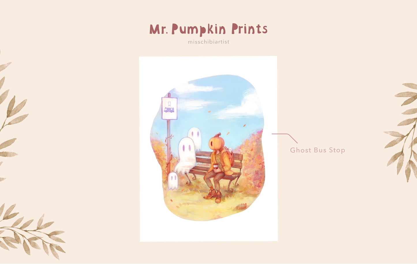 Mr. Pumpkin at the Ghost Bus Stop | Medium Art Print