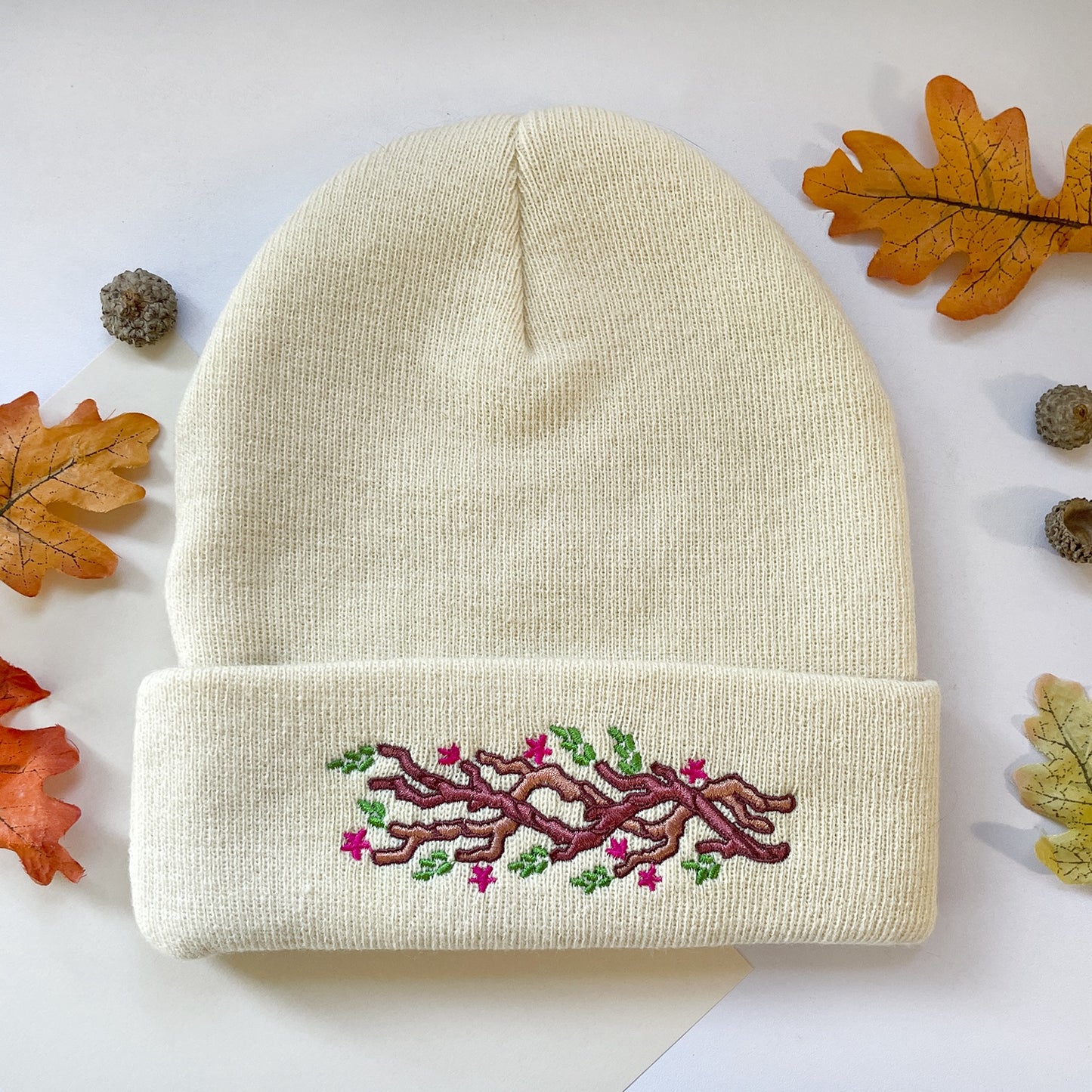 Embroidered Flower Branch Beanie