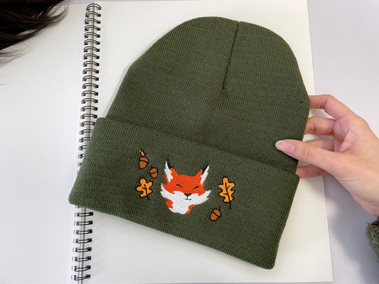 Embroidered Fall Fox Beanie