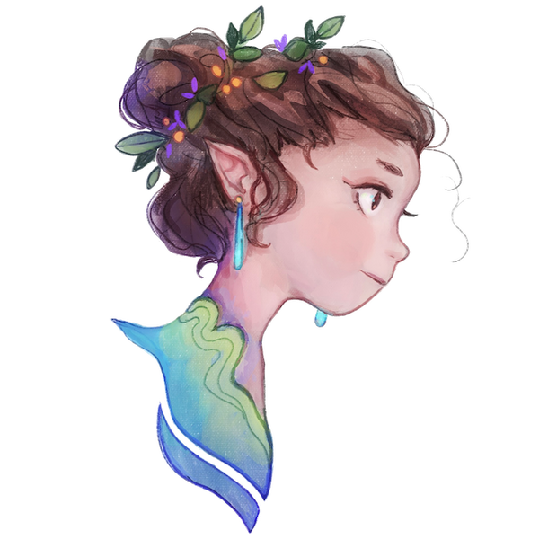 A profile of a cute chibi girl with elf ears. She has blue earrings and flowers and leaves in her hair which is up in a bun.