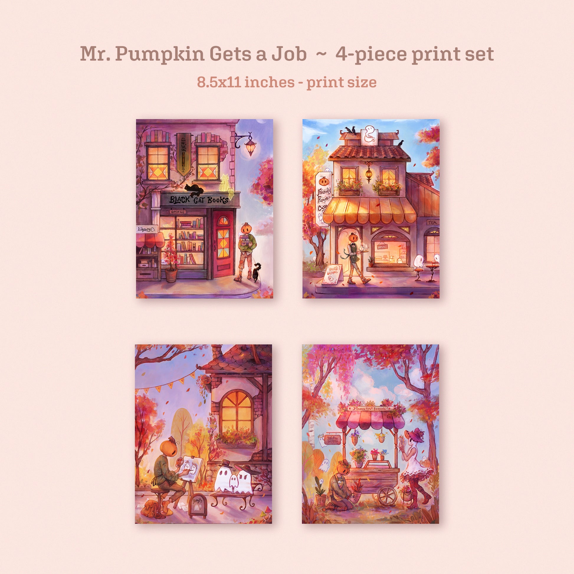 A flatlay of all four prints in the "Mr. Pumpkin Gets a Job - 4-piece print set." The prints are 8.5x11 inches.