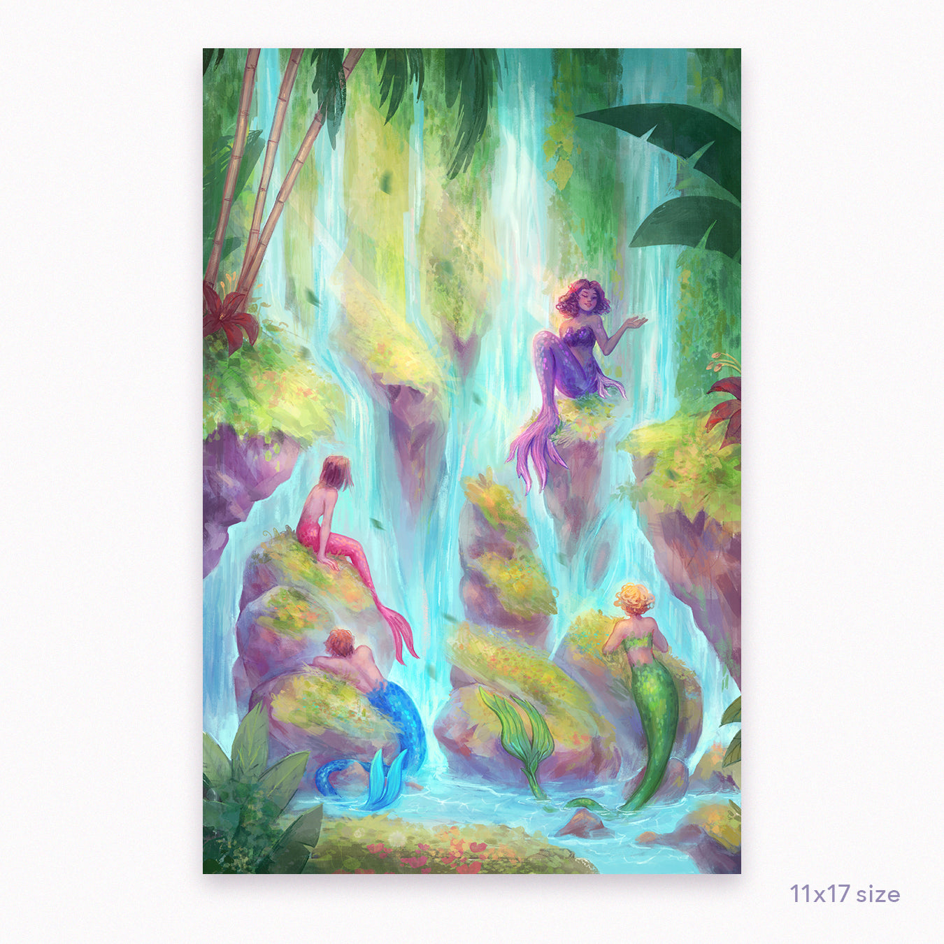 Waterfall Pool Mermaids Illustration - Art Print